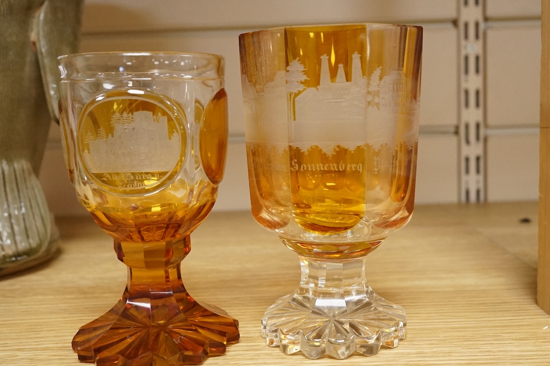 Two Bohemian topographical engraved amber flashed spa glasses, late 19th century, largest 13.5cm high